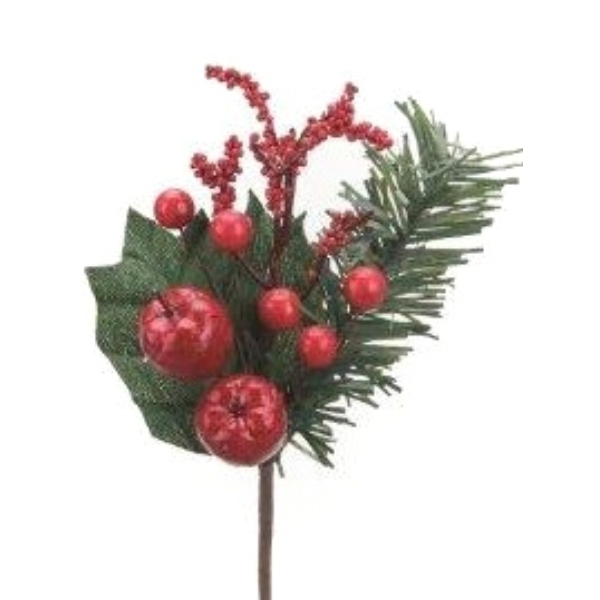 5867164 Weihnachtspick rot, Blatt/Tanne/Apfel 17 cm,VE 12